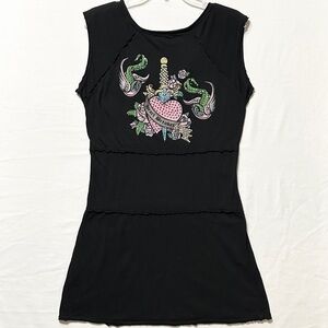 Vintage Ankh Royalty Black T-shirt Dress w/Rhinestone Studded Heart/Fish - XL